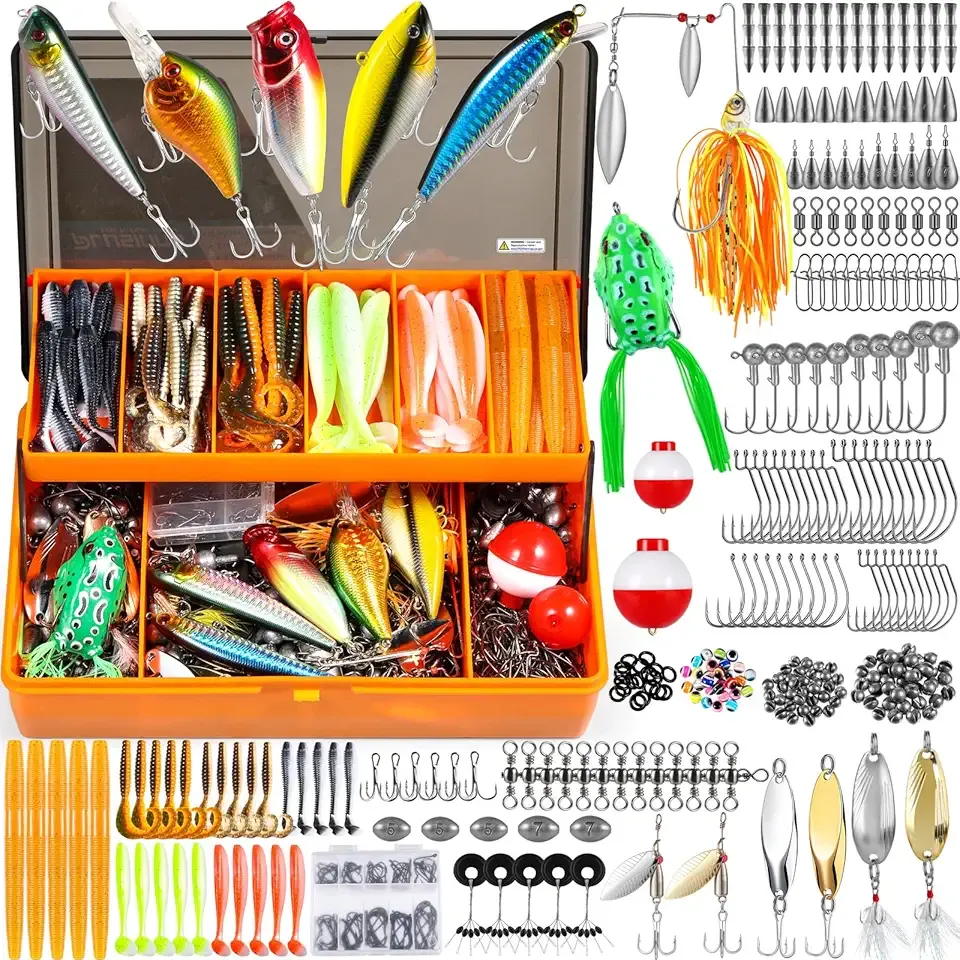 PLUSINNO 353/404 PCS Fishing Lures, Upgrade Fishing Tackle Box with Tackle Included, Crankbaits, Hooks, Weights, Other Accessories, Fishing Lure Bait Gear Equipment Kit Gift for Men Freshwater Bass