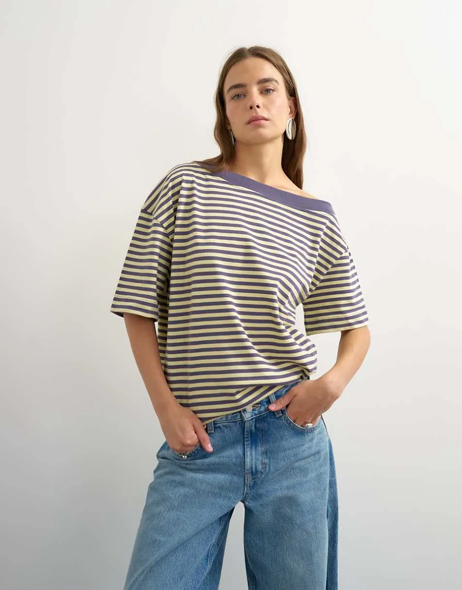 Topshop stripe off shoulder t-shirt in navy