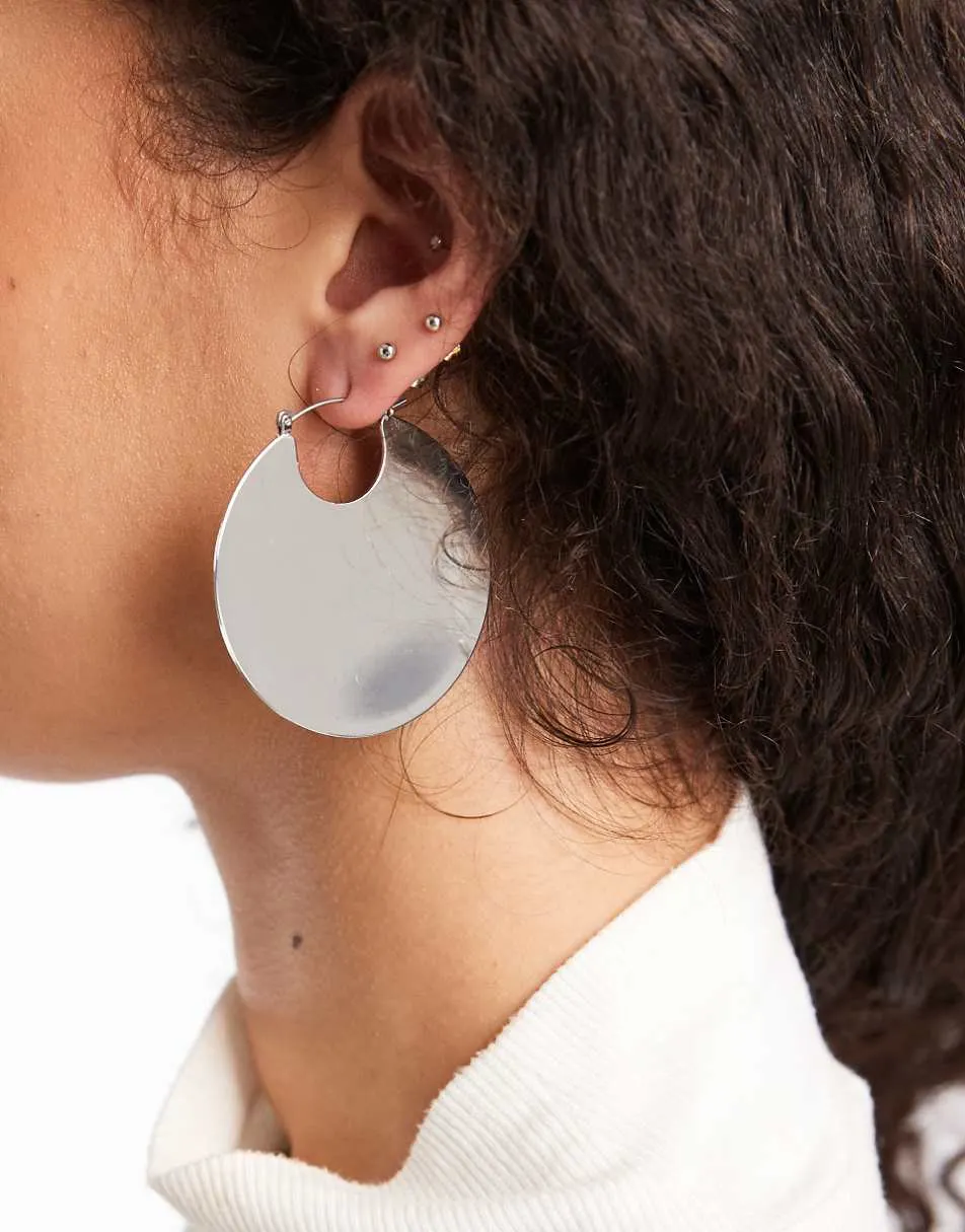 ASOS DESIGN hoop earrings with disc detail in silver tone