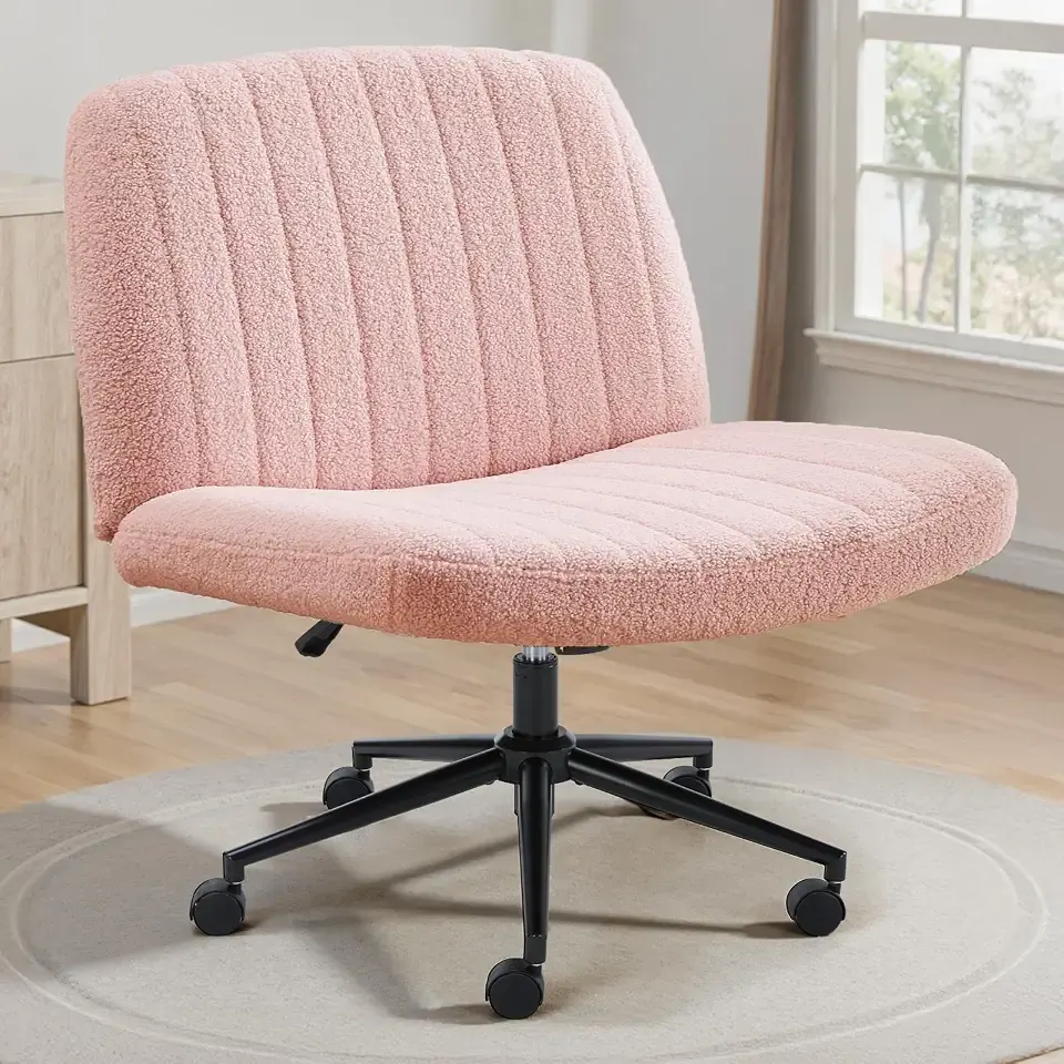 OLIXIS Criss Cross Chairs with Wheels Wide Seat Cross Legged Office Desk Vanity Chair Comfy Teddy Fleece Armless Adjustable Swivel for Home Computer Task, Pink Teddy
