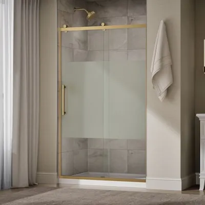Premise Vibrant Brushed Moderne Brass 44-in to 48-in W x 76.13-in H Frameless Clear with privacy band Glass Sliding Soft Close Shower door