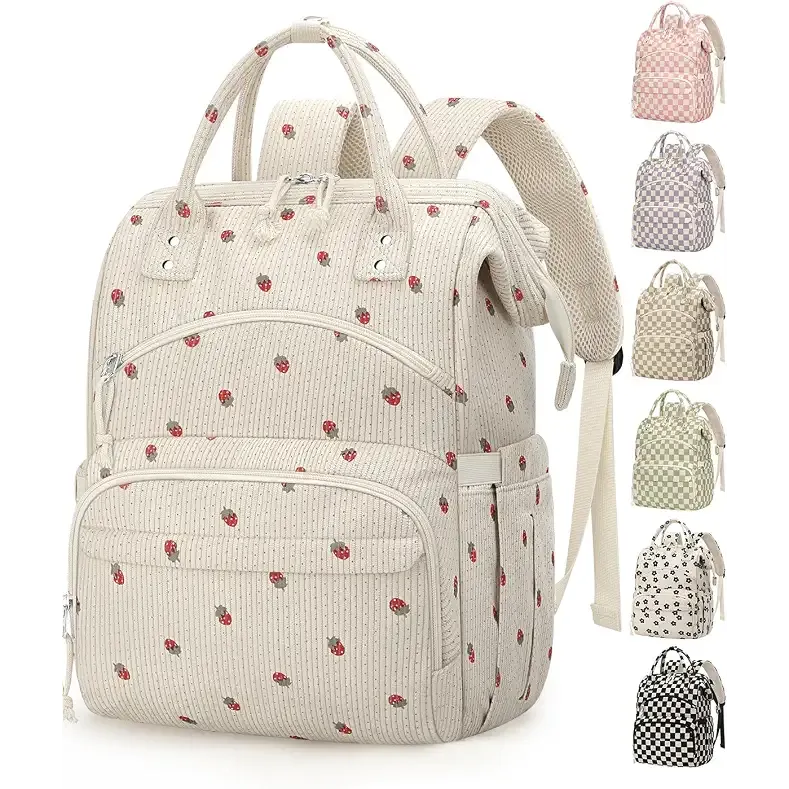 Mommy Bag with Insulated Pockets,Stroller Straps,Water Resistant Travel Essentials Baby Bag for Hospital Daycare,Strawberry