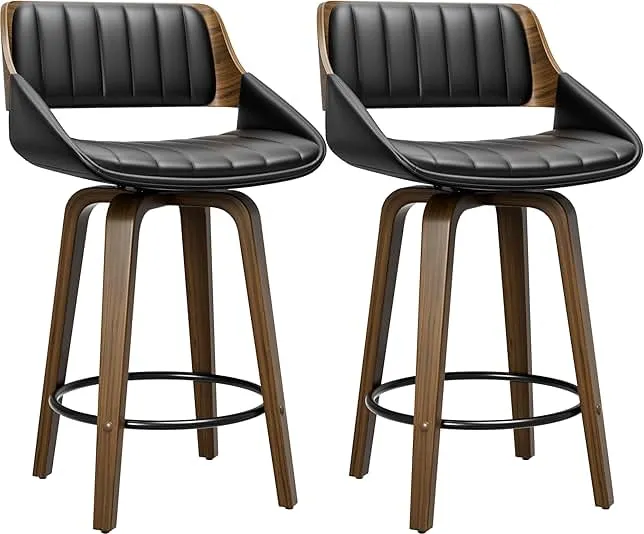 YaFiti Bar Stools Set of 2, 26" Swivel Counter Height Barstools with Bentwood Back and Legs, Mid Century Modern Upholstered Faux Leather Counter Stools for Kitchen Island, Bar, Dining Room, Black