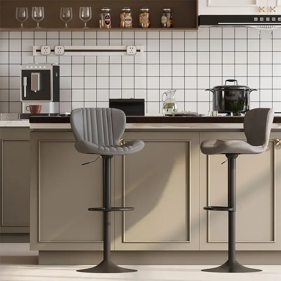 JAMFLY Bar Stools Set of 2, Leather Adjustable Barstools Counter Height Modern Bar Stools, Island Chairs Set of 2 for Kitchen, Grey