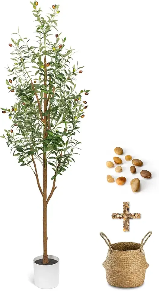 6FT Artificial Olive Tree - Indoor Tall Faux Olive Trees with Planter&Basket, Large Fake Olive Silk Tree Realistic Olive Plants with Branches and Fruits for Home Decor Office Living Room
