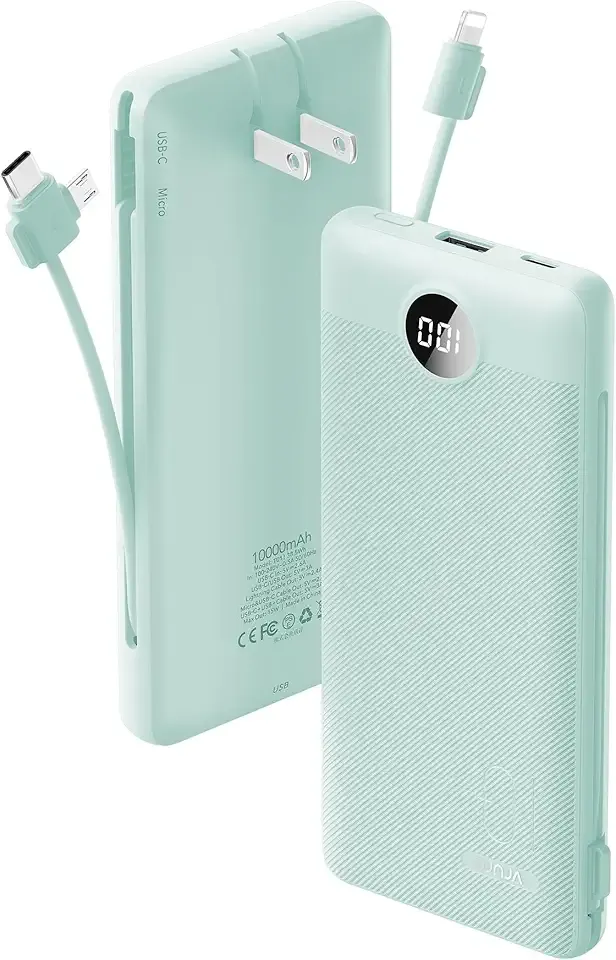 VRURC Portable Charger Built-in Cables and AC Wall Plug, USB C Power Bank 10000mAh, Travel Battery Portable Phone Charger Compact Lightweight External Battery Pack for Smart Phones, Tablets etc-Green