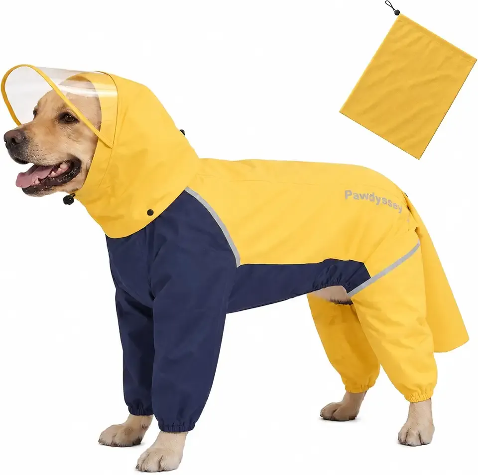 Full-Body Dog Raincoat with Detachable Hood, Waterproof Reflective Dog Rain Jacket with Tail Cover, Adjustable Fit and Leash Portal for Rainy Walks, Bright Yellow, Large