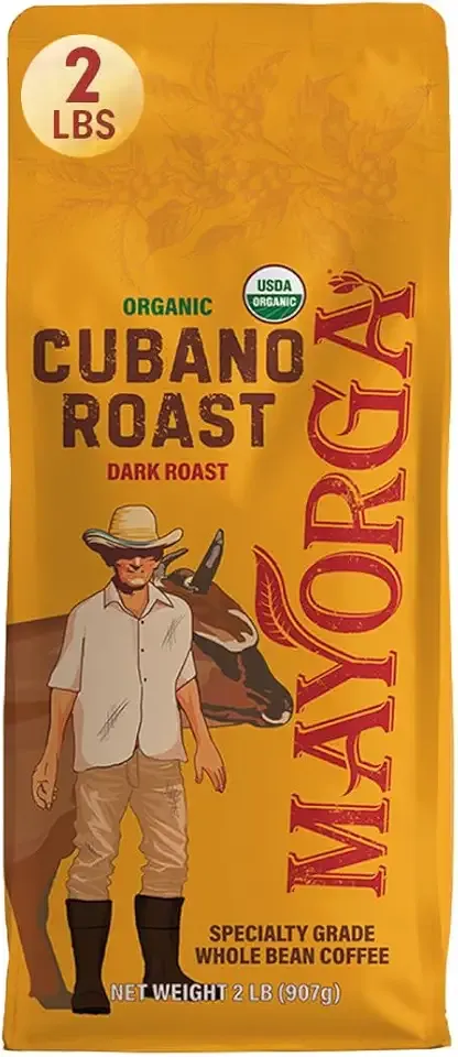Mayorga Organic Coffee 2lb Cafe Cubano Roast - Dark Roast Whole Bean Specialty Grade Coffee, 100% Arabica, Slow Roasted, Bold and Smooth Flavor with Low Acidity - USDA Organic, Non-GMO, Kosher
