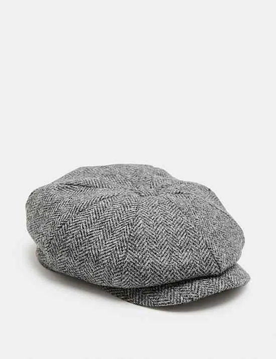 Pure Wool Herringbone Baker Boy Hat