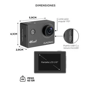 Cámara Deportiva Gadnic AIR 4K WiFi Pantalla LCD 2 Pulgadas Gran Angular 170 16 MP Recargable 900 mAh