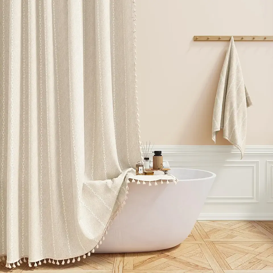 Cream Boho Farmhouse Linen Heavy Duty Shower Curtain Set, 72x72, Beige | 330GSM Linen Blend, Water Repellent, Vintage Striped Fabric, 12 Plastic Hooks, Rustic Country, Machine Washable, for Bathroom