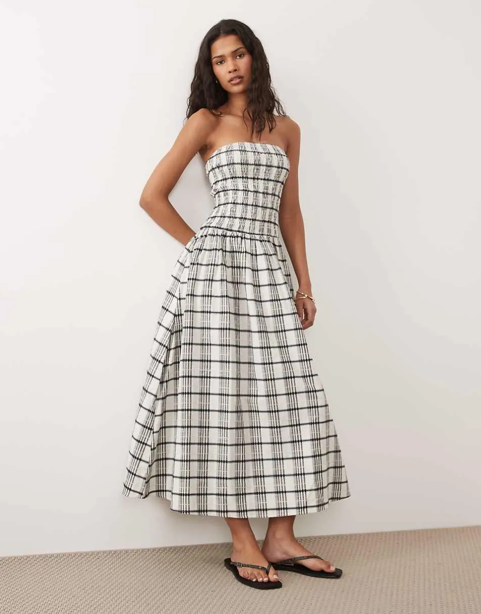 Brave Soul seersucker strapless midi dress with shirred bodice in all over check