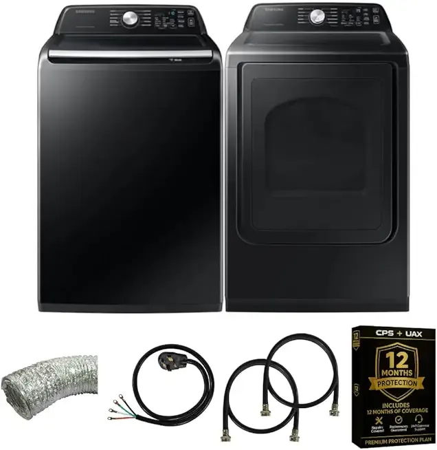 Samsung Smart 4.7 Cu Ft Top Load Washer & 7.4 Cu Ft Electric Dryer, Sensor Stops Overdrying, Low Vibration Quiet Wash, WaterJet w/Power Cords, Hoses, Vent Duct, 1 Year CPS Protection Bundle (Black)