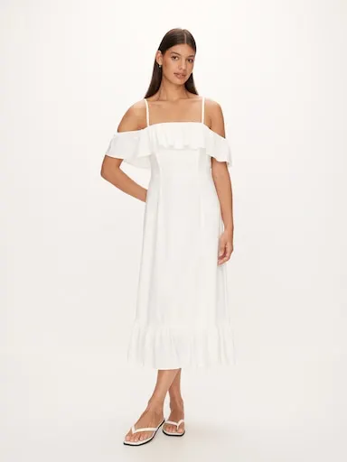 Frill Linen Blend Midi Dress