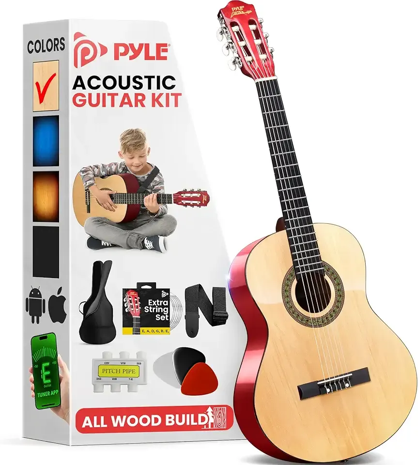 Pyle 30-Inch Beginner Acoustic Guitar Kit, 6-String Classical Style Travel Guitar for Kids & Adults - Includes Shoulder Strap, Strings, Picks, Tuning Pitch Pipe & Storage Gig Bag - Handcrafted Wood