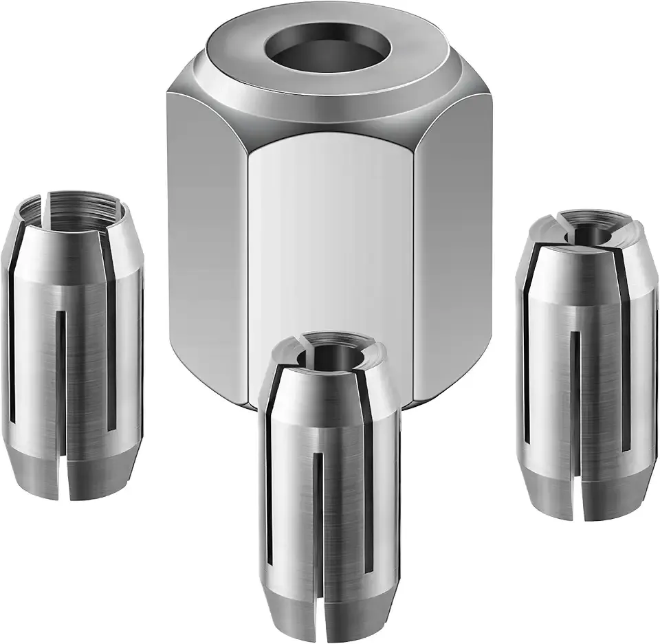 Dreyoo Replacement Collet and Nut Kit Compatible with CN1, Silver, 3 Collets (1/8-inch, 5/32-inch, 1/4-inch) and 1 Nut for Spiral Saw Tools and Drywall Cut Out Tools (Silver)