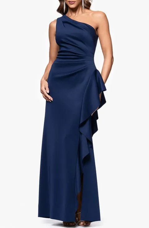 Xscape Evenings One-Shoulder Ruffle Scuba Crepe Gown