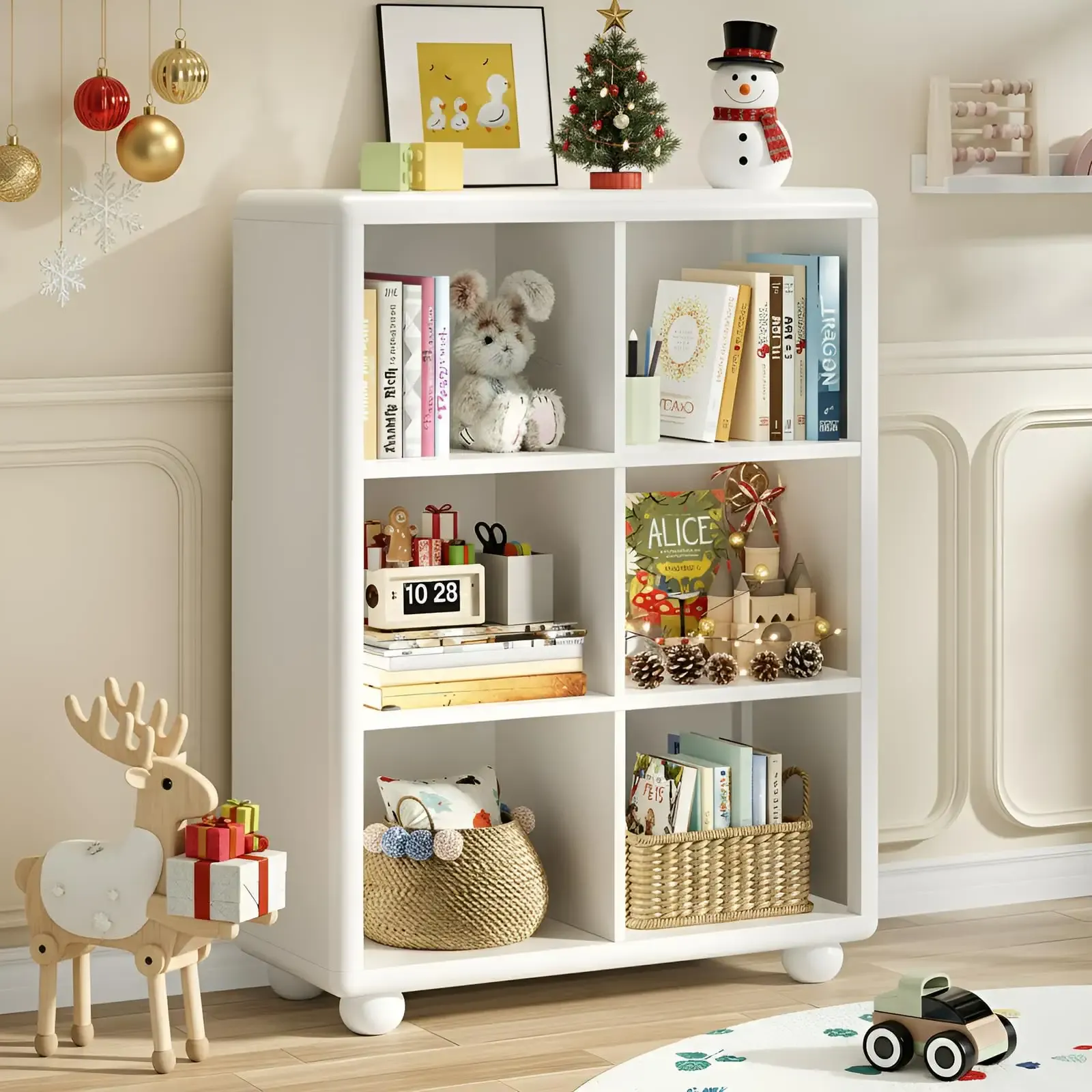 Kids Bookshelf, Large Wooden Bookcase with 6 Cube Storage, Girl Toy Storage Organizer Cabinet with Child Safe Paint&Thick Board, Boy Tall Book Shelves Nook for Office Playroom Living Room (White)