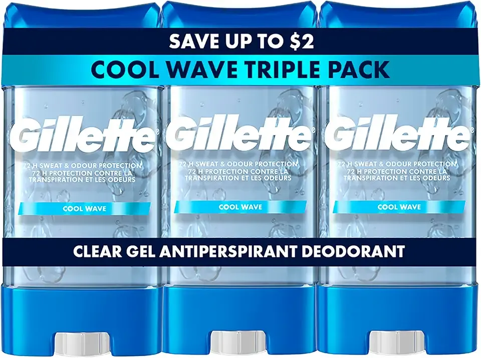 Gillette Antiperspirant and Deodorant for Men, 72hr Sweat & Odor Protection, Long Lasting Freshness, Anti-White Mark Technology, Clear Gel, Cool Wave Scent, 3.8 oz (Pack of 3)