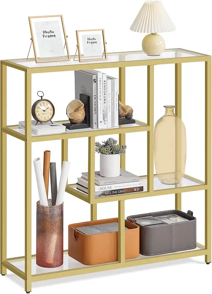 Bookcase, 4-Tier Bookshelf, Freestanding Shelf, 11.8 x 39.4 x 40.6 Inches, Storage Shelf, for Living Room, Office, Bedroom, Kitchen, Transparent and Pale Gold ULGT509A01