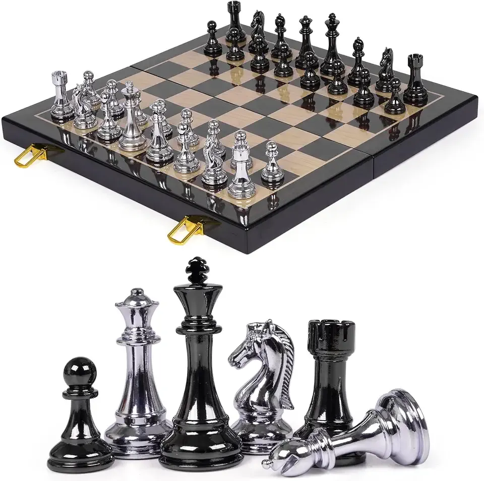 Luxury 15" Metal Chess Set for Adults, Folding Wooden Chess Board with Storage Case, Heavy Metal Chess Pieces with Two Extra Queens, Premium Classic Chess Game Gift