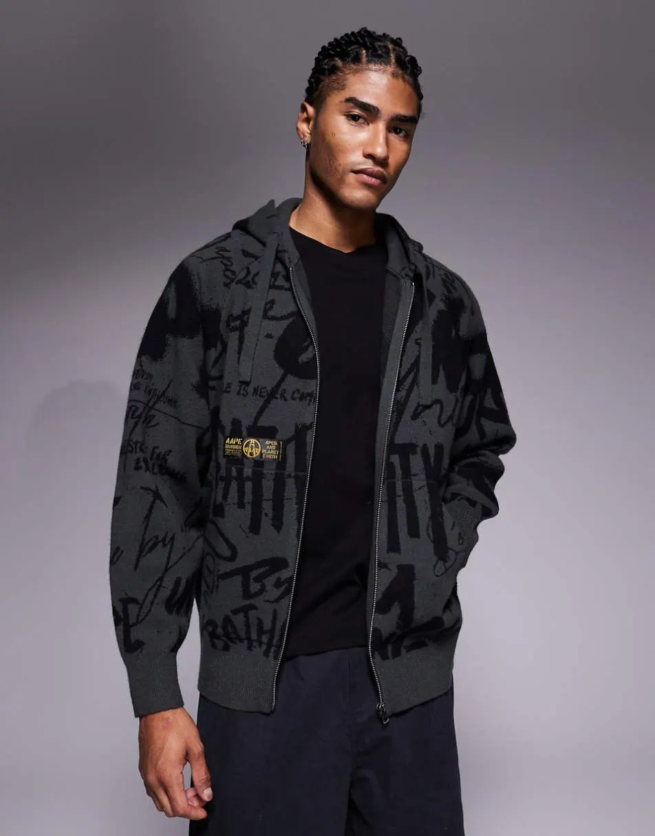 Aape by A Bathing Ape knitted zip through hoodie in black with all over graffiti print