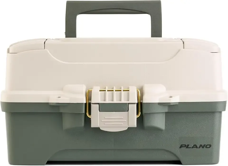 Plano Two-Tray Tackle Box, Green/Tan, Rust-Proof Brass Latch, Top-Access Tray with Deep Storage, Made in the USA, Portable Fishing Gear Storage Organizer
