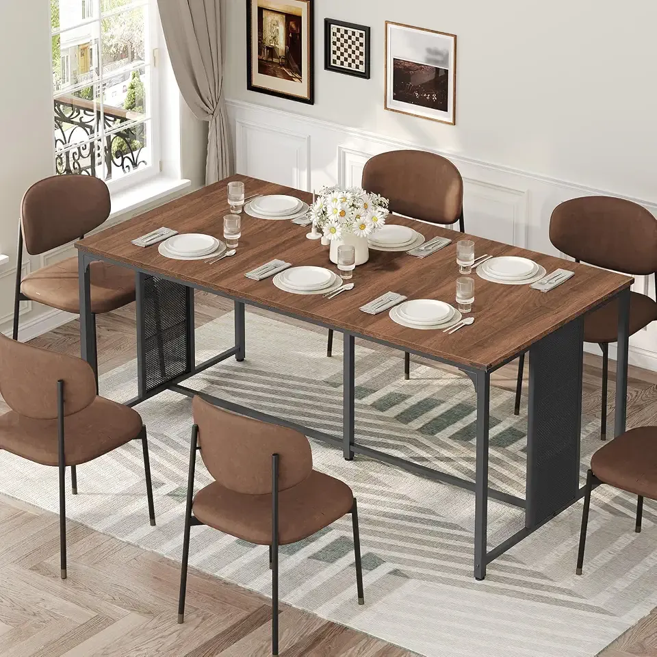 63" Dining Table for 6-8 People, Modern Large Kitchen Table | Heat-Resistant Tabletop, Unique Rectangular Dinner Table, Wooden, Quick Assembly, for Dining Room, Kitchen, Natural Walnut