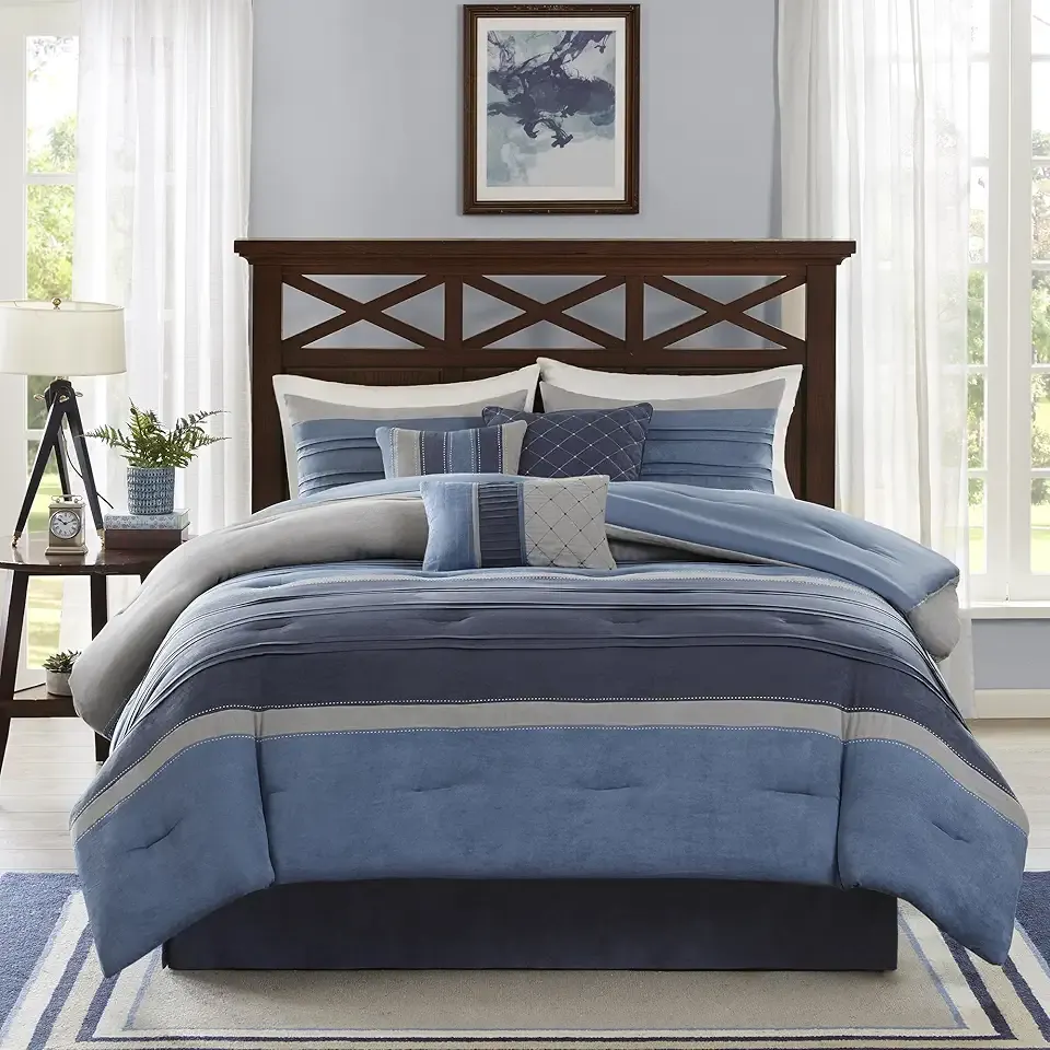 Madison Park Cozy Comforter Set Casual Modern Design - All Season Bedding, Matching Bed Skirt, Decorative Pillows, Collins, Suede Blue Grey King(104"x92") 7 Piece
