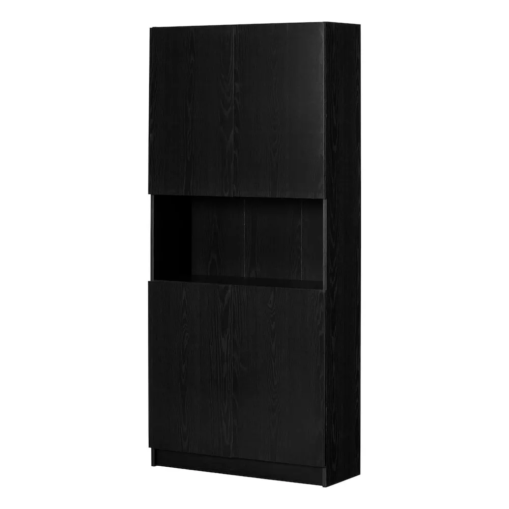 South Shore Arum 4-Door Storage Cabinet with Open Storage in Black Oak, 32.5 in. x 11.5 in. x 71.5 in.