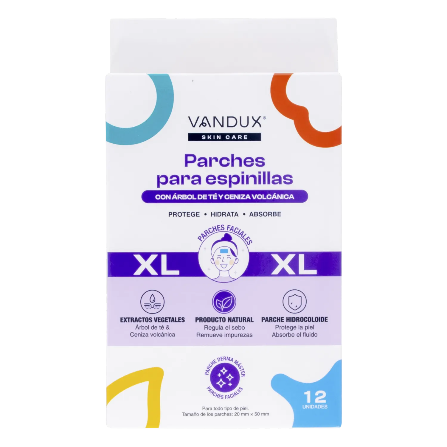 Parches Faciales Para Espinillas Skin Care XL Árbol De Te Y Ceniza Volcánica VANDUX X12 Uds