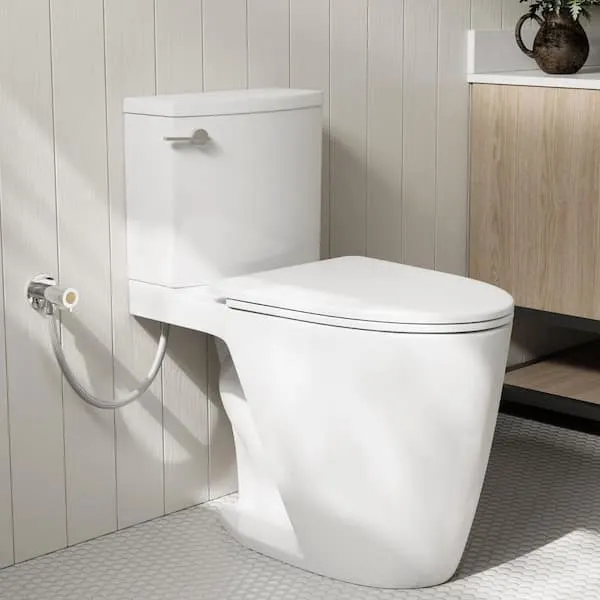 17"​ Chair-​Height Two-​Piece Toilet, White Toilet with Elongated Bowl, 1.​28 GPF Rim Wash, Soft-​Close Seat, 12"​ Rough-​In