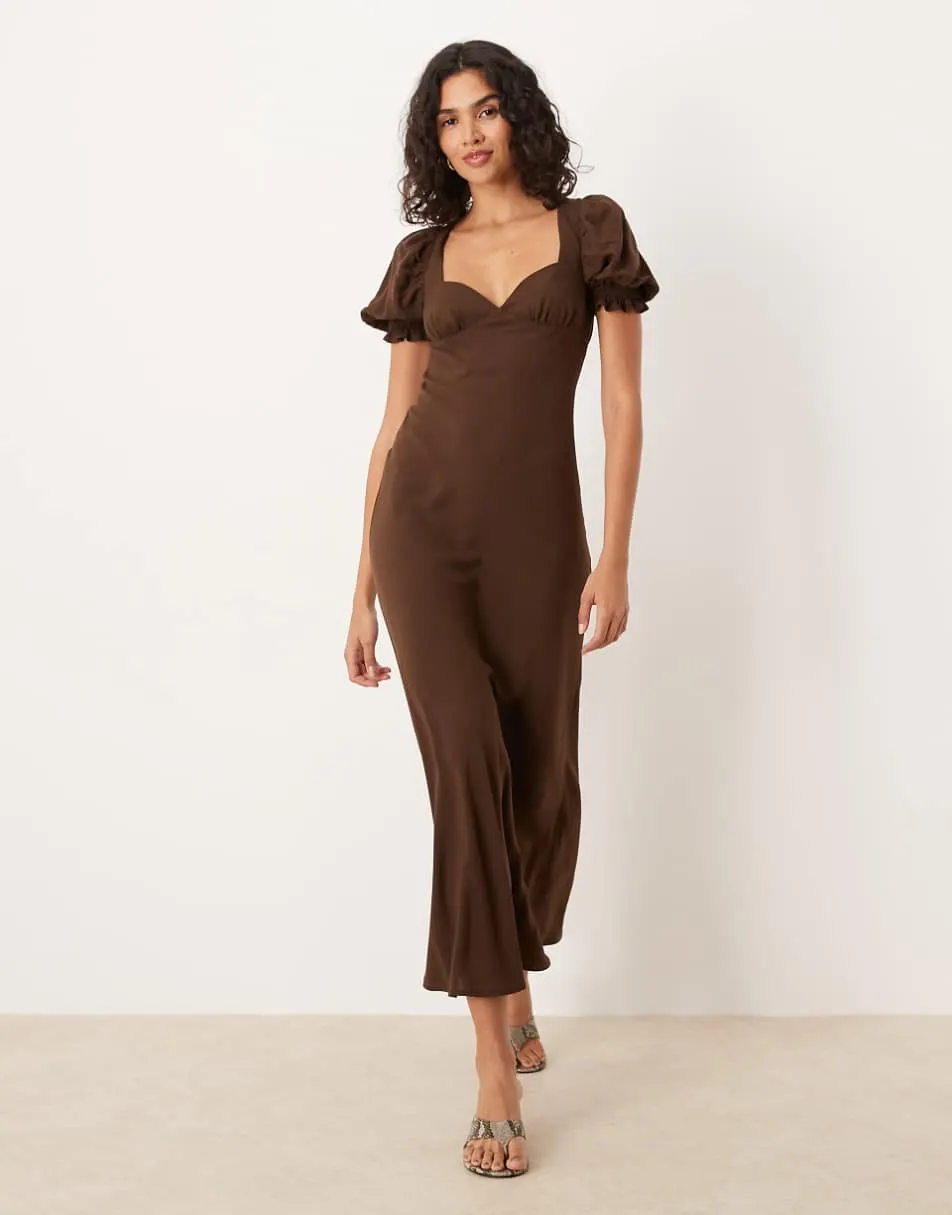 ASOS DESIGN puff sleeve button down midi dress in chocolate