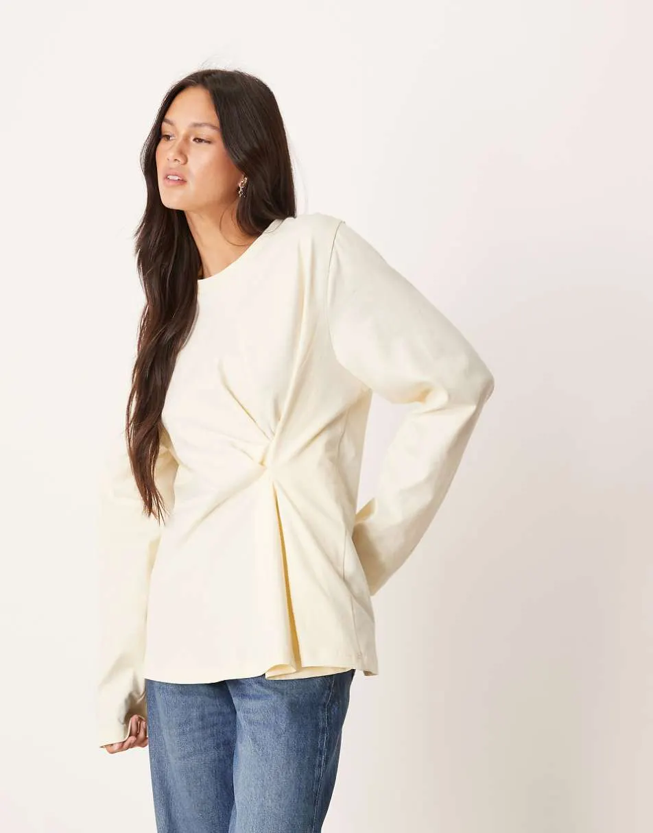 ASOS DESIGN tuck detail long sleeve tee in cream