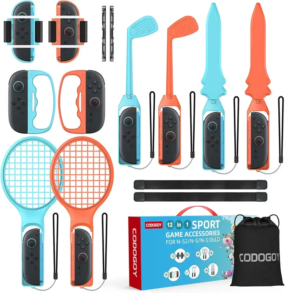 [Switch 2/1 Compatible] Switch Sports Accessories Bundle for Switch 2/1/OLED - CODOGOY Complete Family Sports Kit with Storage Bag, Exclusive Bowling Grips & 2 Player Support for Nintendo Switch Sports Games