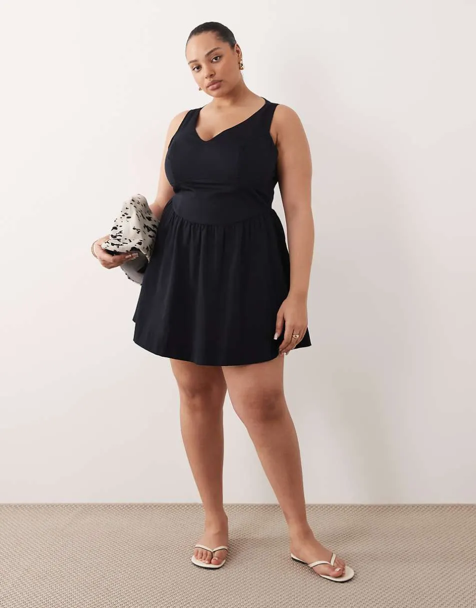 ASOS DESIGN Curve waisted v neck mini sundress with seaming details in black