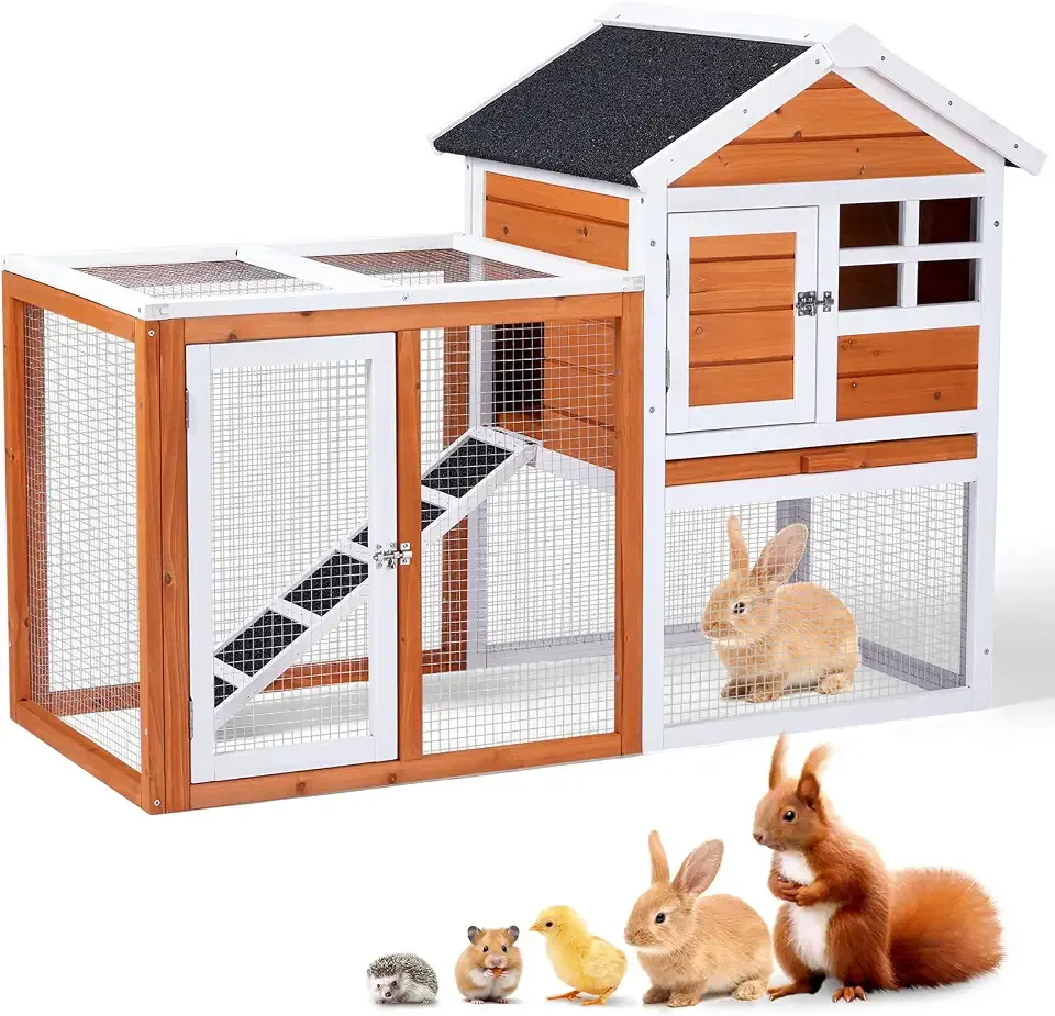 Outvita Rabbit Hutch, Small Wood Chicken Coop, 48" Guinea Pig Cage w/Pull-Out Tray, Waterproof Asphalt Roof, Chicken Run, Interactive Door for Small Animal Pen Outdoor