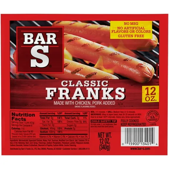 Best seller Bar S Classic Fully Cooked Franks, 8 Count, 12oz (Refrigerated) $1.00 $1.33/lb