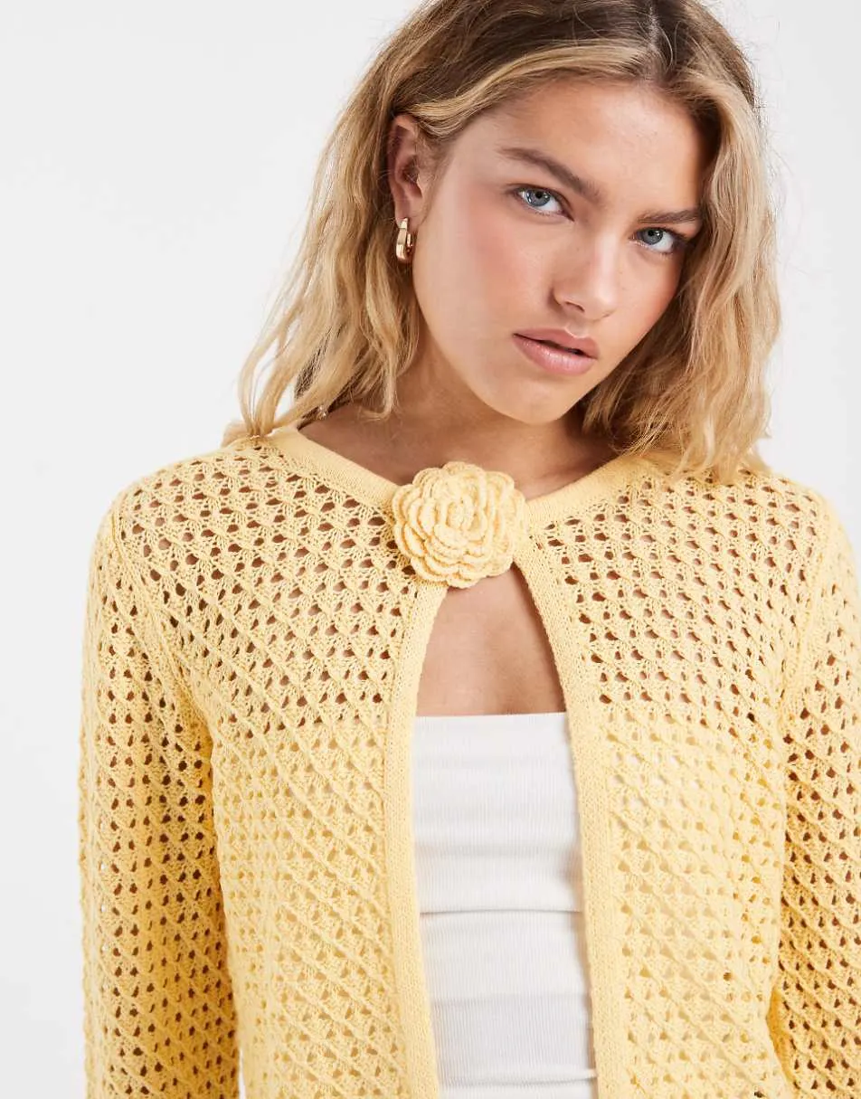 Vero Moda crochet knit cardigan with floral corsage in golden yellow
