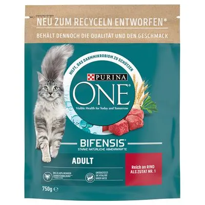 Croquettes PURINA ONE 2 x 450, 650 ou 750 g : 50 % de remise sur le 2ème sac ! Adult bœuf, céréales complètes (2 x 750 g)