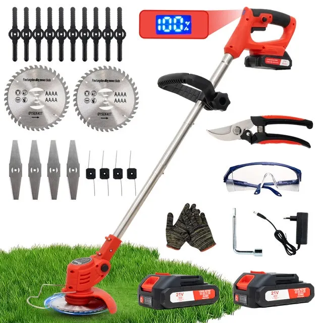 OUTIGO Decespugliatore elettrico a batteria, decespugliatore da prato con 2 batterie e 4 tipi di lame, impugnatura regolabile