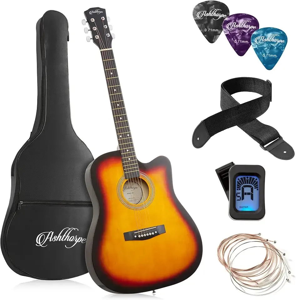 Ashthorpe 41-inch Beginner Cutaway Acoustic Guitar Package (Sunburst), Full Size Basic Starter Kit w/Gig Bag, Strings, Strap, Tuner, Picks