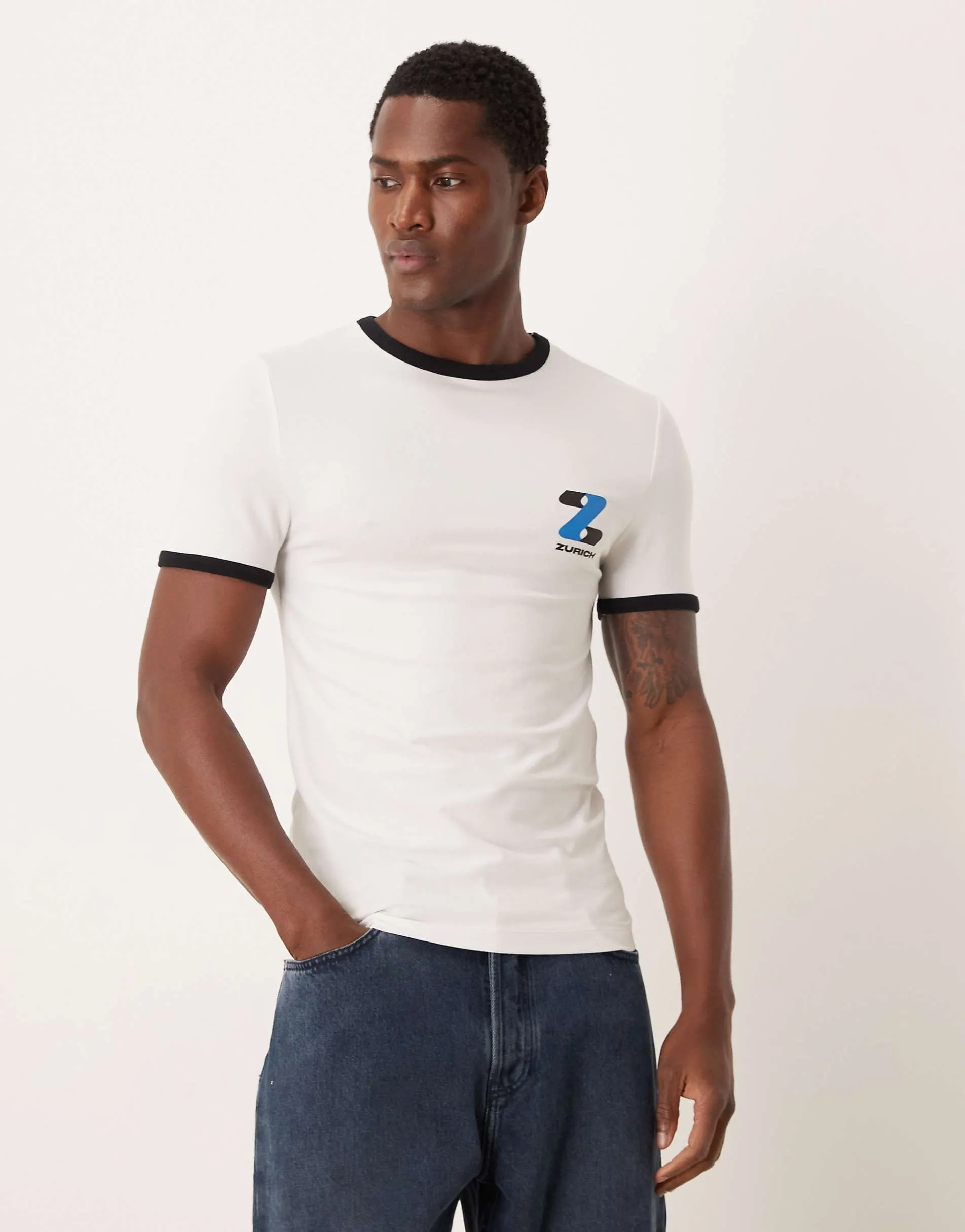 ASOS DESIGN muscle fit ringer t-shirt with city chest graphic in white