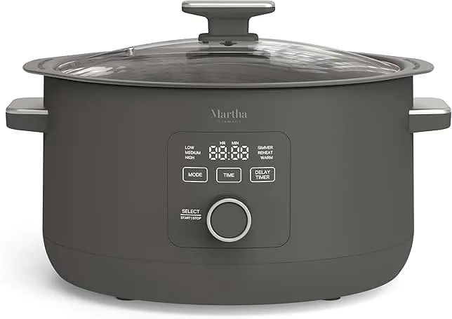 Martha Stewart 8 QT Slow Cooker, Programmable with Timer, 3 Heat Settings (Low, High, Warm), Nonstick Ceramic Removable Crock, Stovetop & Oven Safe, Glass Lid, Simmer, Reheat, Warm, Caviar
