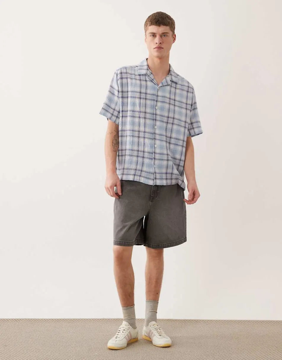 ASOS DESIGN relaxed revere textured check shirt in light blue