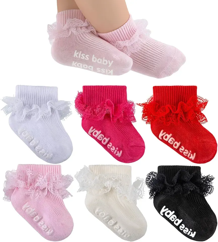 Baby Girl Ruffle Socks with Grips Turn Cuff Ankle Lace Frilly Dress Socks for Newborn/Infant/Toddler/Little Kids