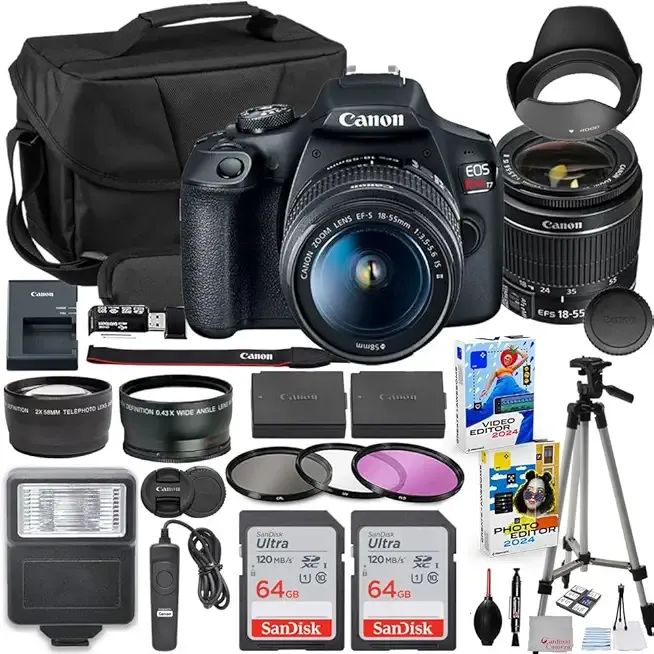 Canon EOS Rebel T7 DSLR Camera with 18-55mm Lens Bundle with Extra Canon Battery + 2X 64GB Memory Cards + Accessory Kit Including Bag, Flash, Remote, Aux Lenses, Software & More