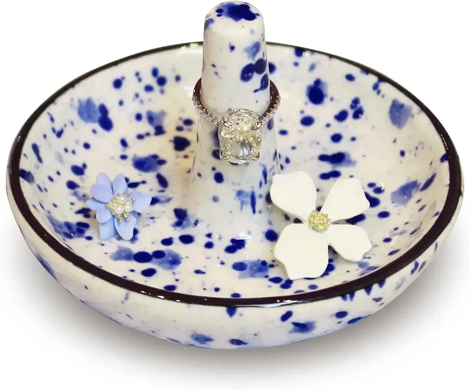 LZBALUYO Wedding Ring Holder - Ceramic Ring Stand With Jewelry Plate, Blue Dots Jewelry Holder for Rings, Earrings, Necklace Organizer - Gift for Mom, Bridesmaid, Engagement