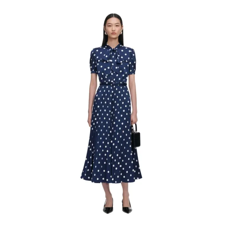 Polka Dot Satin Midi Dress - Marine