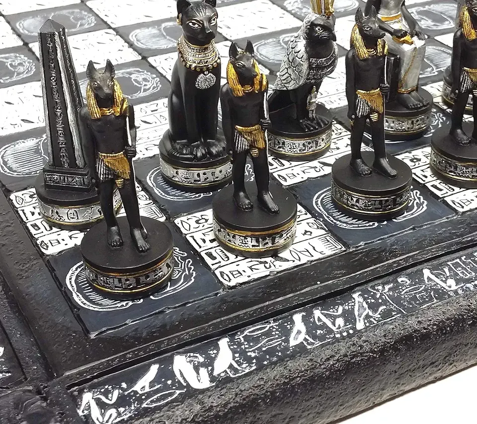 Egyptian Anubis Chess Set Black Silver and Gold Men with 16" Hieroglyphic Board